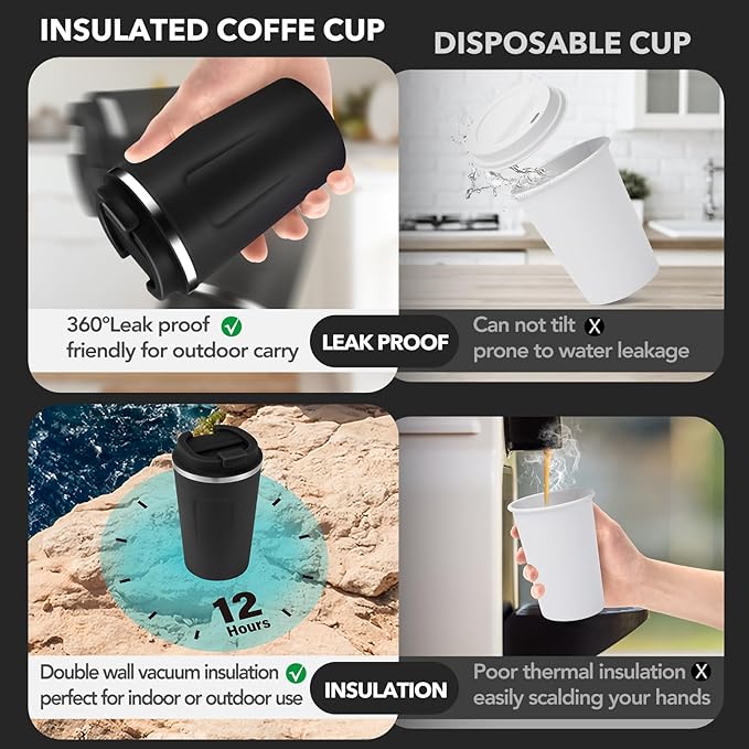 Volhoply 12 oz Double Wall Insulated Vacuum Travel Coffee Mugs with Flip Lid Bulk 2 Pack,Reusable Stainless Steel Leak Proof Coffee Cup,Portable Cafe Thermal Tumbler for Hot & Cold Drinks(Black,2 Set)