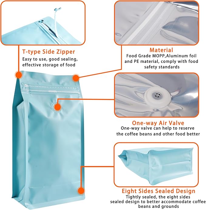 Coffee Bags with Valve (50 PCS,8oz/0.5lb) Blue High Barrier Aluminum Foil Flat Bottom Standing Coffee Beans Storage Packaging Bags, Reusable Heat Seal Side Zipper Pouches for Small Business and Home