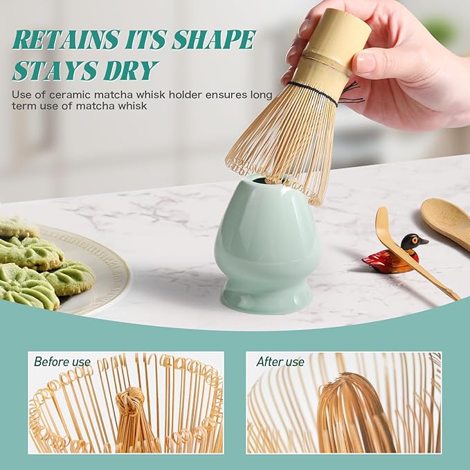 Matcha Whisk Set,MatchaSet with Bamboo Matcha Whisk and Ceramic Holder, Bamboo Scoop+Wooden Spoon,Scoop Holder,Sifter-Complete Matcha Tea Set,6 Pcs Matcha Kit,Tools for Matchas Ceremonial Grade Kit