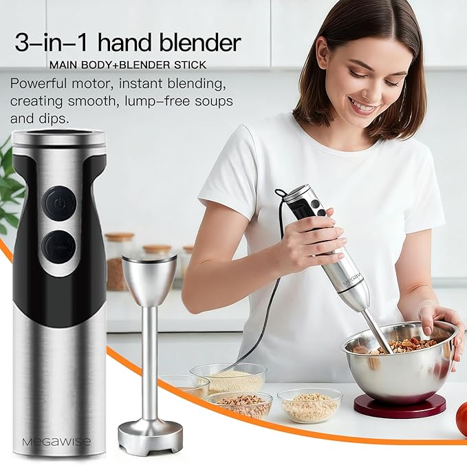 MegaWise Blender Handheld 12-Speed Stainless Steel Electric Hand Blender, 3 in 1 Immersion Handheld Blender，with Sturdy Titanium Plated Stainless Steel Blades(black)