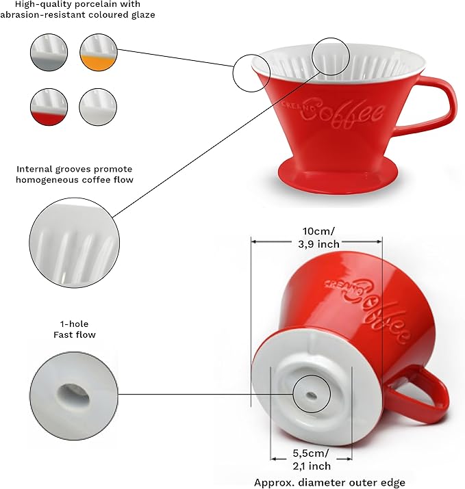 Creano Porcelain Coffee Dripper - White - Ceramic Cone Brewer - Pour Over Coffee Maker for Filter Bags Size 4 - Easy Manual Brew for pure taste - also for Camping, Hiking