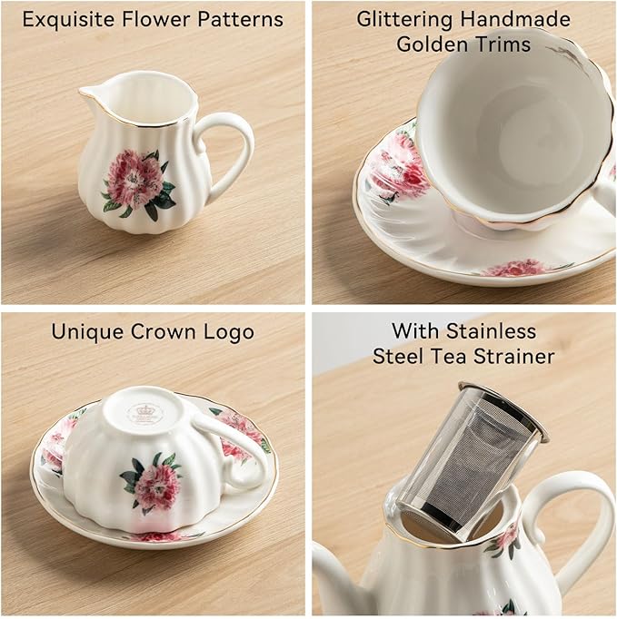Porcelain Tea Sets British Royal Series, 8 OZ Cups & Saucer Service for 6, with Teapot Sugar Bowl Cream Pitcher Teaspoons and Tea Strainer, Suitable for High Tea, Wedding, Party