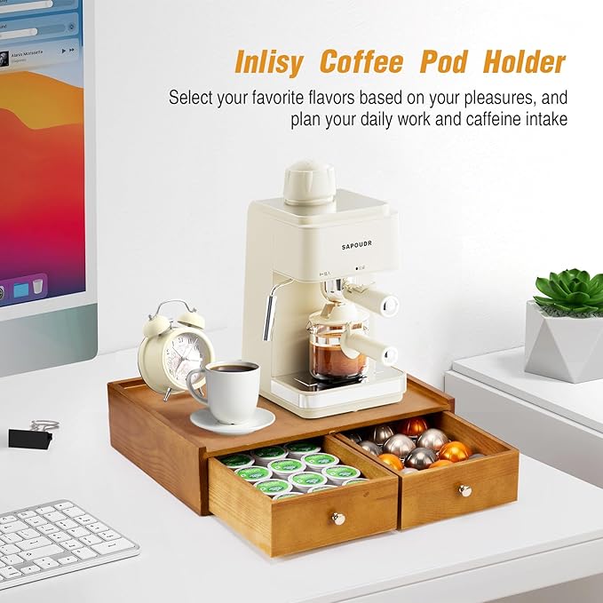 15.8"L X 11.8"W X 4"H Wooden K cup Holder, Coffee Pod Organizer Storage Box, Desktop Kitchen Storage with 2 Drawers, 30/40/60 Pod Capacity, Natural