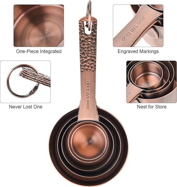 Measuring Cups and Spoons Set 10, Copper Measuring Cups and Spoons Set for Baking & Kitchen, Metric & US Stainless Steel 4 Measure Cups and 5 Spoons with Leveler
