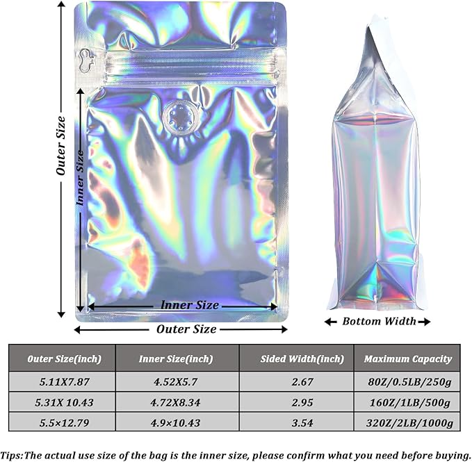 Coffee Bags with Valve (50 PCS,32oz/2lb) Holographic High Barrier Aluminum Foil Flat Bottom Standing Coffee Beans Storage Packaging Bags, Reusable Heat Seal Side Zipper Pouches for Small Business
