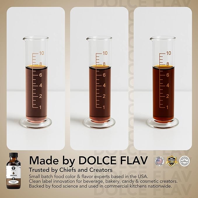 Dolce Flav Natural Brown Food Coloring – 2 oz Liquid Color from Class IV Caramel with Graduated Dropper | Water-Soluble | For Baking, Beverages & Sauces | Kosher | Made in USA