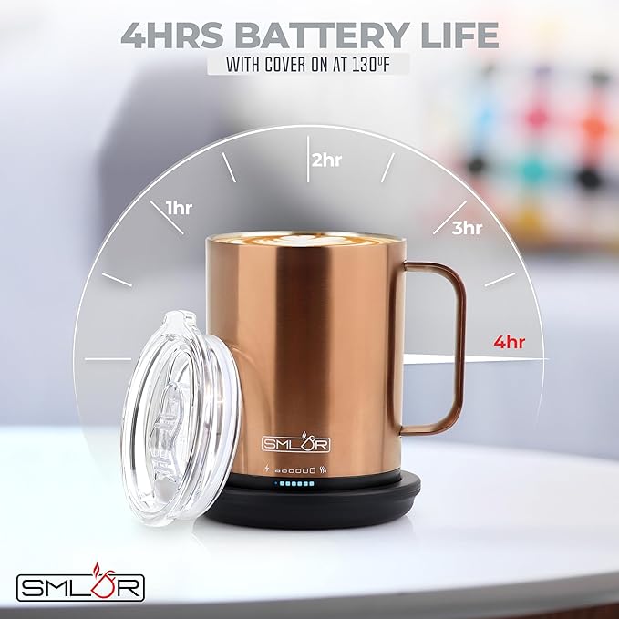 SMLDR Pro Heated Mug, 14 oz Smart Mug, Self-Heating, Adjustable Temperature, Battery Powered Heated Coffee Mug, Quick Recharge Time, Great for Coffee & Tea, Excellent Gift (Rose Gold)