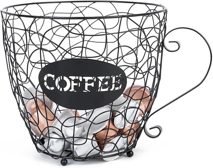 Coffee Pod Holder, Super Large Capacity K-Cup & Nespresso Capsule Basket, XL Metal Kcup Storage, Bar Organizer for Kitchen Dinning Room Office Home Cafe Hotel (Black-Round-Cup)