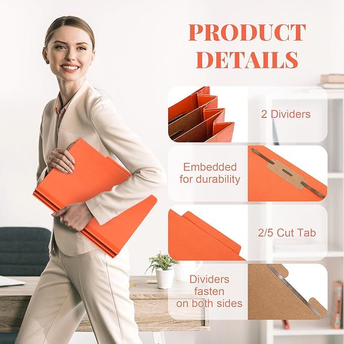 48 Pcs Classification Folders Letter Size, 2 Divider Pressboard File Folders with 3. 5 Inch Expansion, 2 Prongs Fastener, Heavy Duty Office File Organizers for Teachers, Medical (Orange)