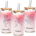 Personalized Tumbler for Women-Can Shaped Glass with Lids and Straws-18OZ Iced Coffee Cups with Lids, Flower Cute Glass Cups, Mothers Day Birthday Gift for Women Her (BirthFlower)
