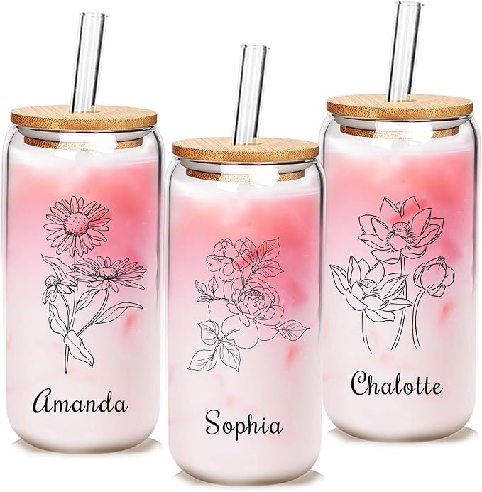 Personalized Tumbler for Women-Can Shaped Glass with Lids and Straws-18OZ Iced Coffee Cups with Lids, Flower Cute Glass Cups, Mothers Day Birthday Gift for Women Her (BirthFlower)