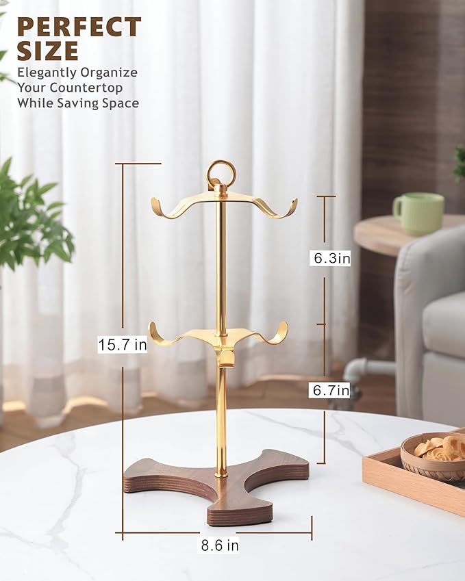 Gold Mug Holder Tree for Countertop | 2-Tier Coffee Mug Rack Holds 6 Large Mugs, 5oz to 20oz | Elegant Golden Cup Stand with Solid Wood Base | Kitchen Counter Organizer & Coffee Bar Accessories