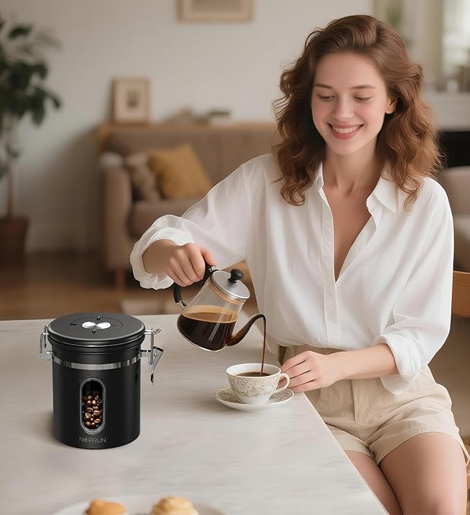 Coffee Canister With Window,22oz Stainless Steel Airtight Coffee Bean Storage Grounds Container with Date Tracker and Scoop,Grounds Kitchen Food Canister Jar for Beans,Tea,Sugar,Flour,Cereal