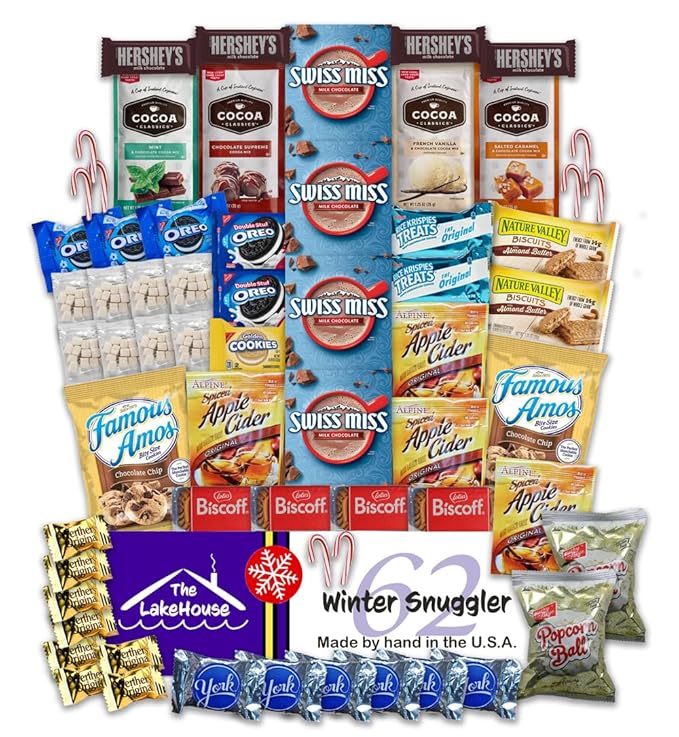 Gourmet Hot Chocolate Gift Sets - 62 Piece Care Package of Hot Cocoa, Apple Cider, Candy Canes, Mini Marshmallows, Popcorn Balls, Cookies, Candy, and Snacks. - Christmas Gift Set from The LakeHouse