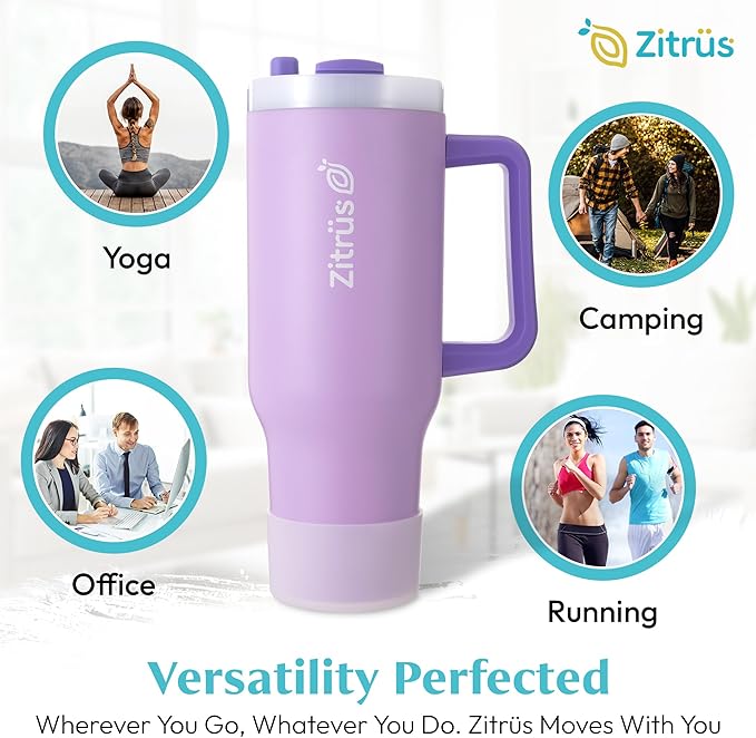40 oz Tumbler with Handle and Straw | Leak Proof Insulated Stainless Steel Water Bottle Travel Mug Fits in Cup Holder | Keeps Cold Hot | Gifts for Women Men Him Her (Violet, 40 oz)