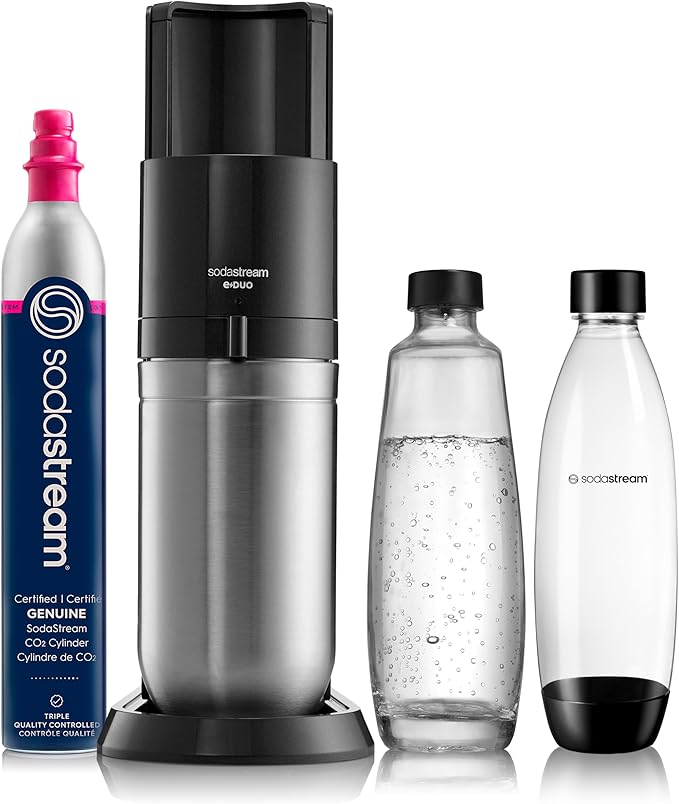 SodaStream E-Duo Sparkling Water Maker (Black) with 60L CO2, 1 BPA- Free Carbonating Bottle and (1)1L Glass Bottle