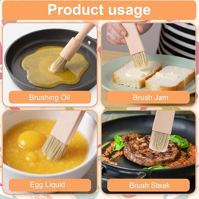 2 Sets Cooking Brush with Wooden Handle Natural Bristles Oil Brush for Cooking Butter Brushes for Oil and Sauce Pastry Brushes for Baking Kitchen Basting Spreading Baking Grilling Bbq Barbecue Food