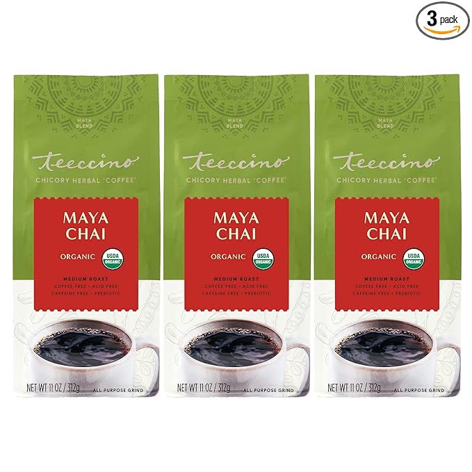 Teeccino Maya Chai Chicory Coffee Alternative - Ground Herbal Coffee That’s Prebiotic, Caffeine-Free & Acid Free, Medium Roast, 11 Ounce (Pack of 3)