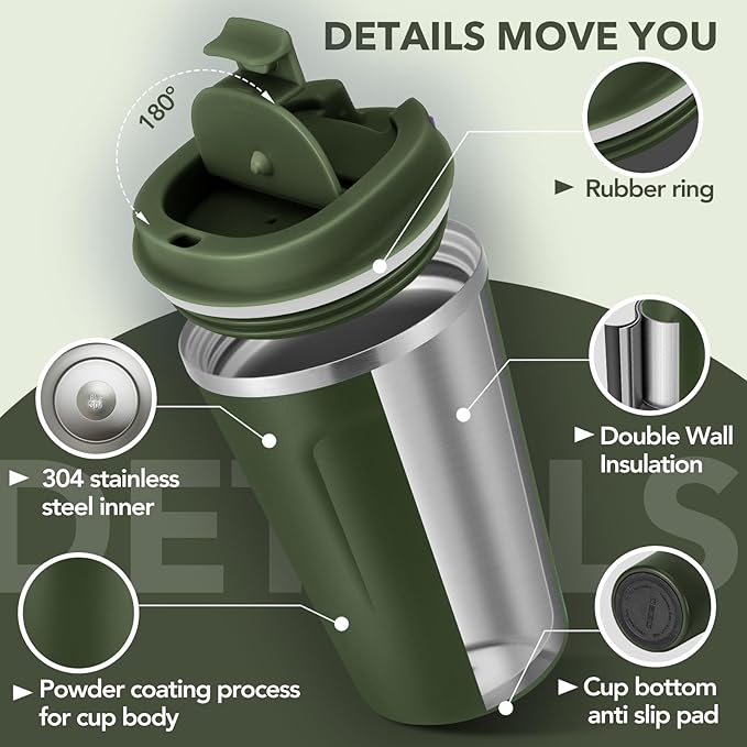 Volhoply 12 oz Double Wall Insulated Vacuum Travel Coffee Mug with Flip Lid,Reusable Stainless Steel Leak Proof Coffee Cup,Portable Cafe Thermal Tumbler Suitable for Hot&Cold Drinks(Army Green,1 Set)