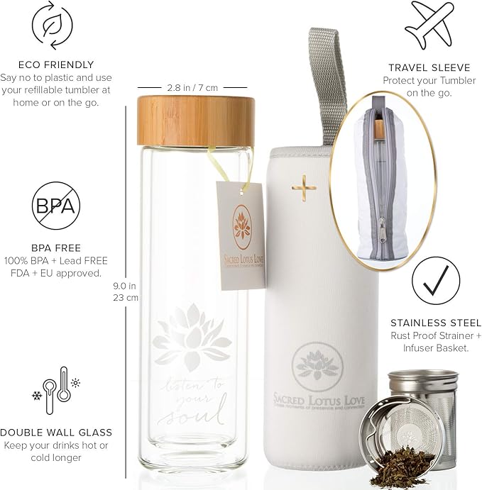 Sacred Lotus Love Double-Walled Glass Tea Tumbler with Infuser and Strainer 15oz - Perfect for Loose Leaf Tea, Cold or Hot Water Bottle, Fruit Drinks - Comes with Travel Sleeve and Cozy