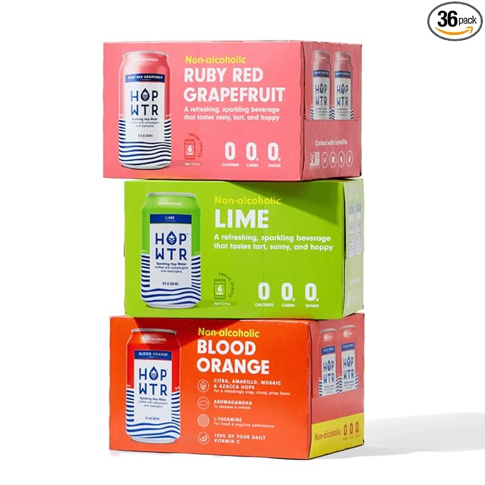 HOP WTR Sparkling Hop Water, Citrus Pack 36 Pack, Sugar Free, Low Carb Non Alcoholic Drinks, NA Beer, Adaptogen Drink, No Calories, Adaptogens & Nootropics for Added Benefits, 12 oz Cans