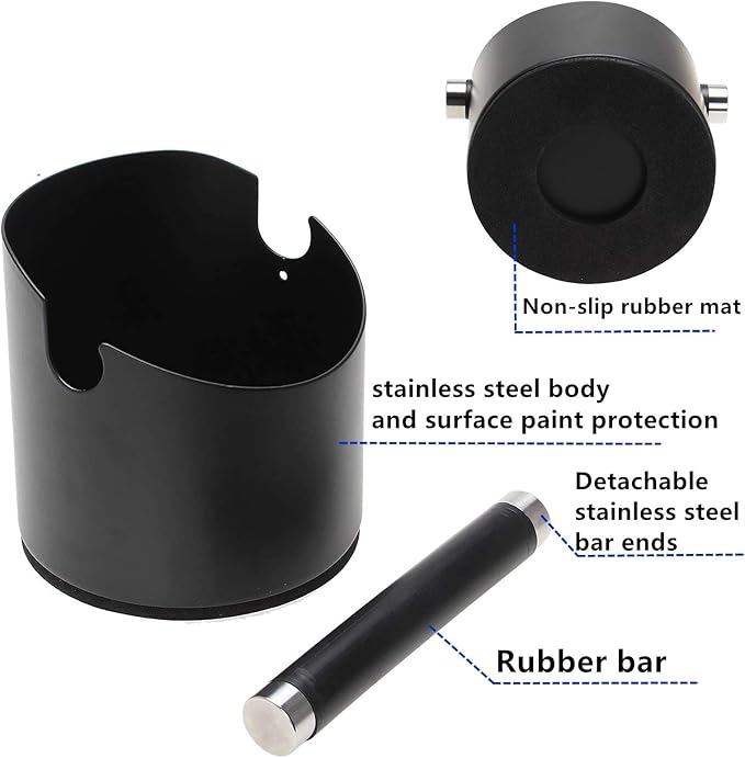 Espresso Knock Box, Stainless Steel Coffee Grounds Knock Box, With Removable Knock Bar and Non-Slip Rubber Base (Black)