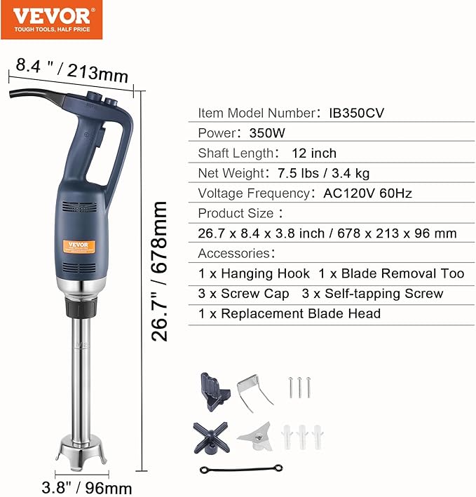 VEVOR Commercial Immersion Blender, 350W Heavy Duty Hand Mixer, 12 inch Stepless Variable Speed Mixer with Stainless Steel Blade, Multi-Purpose Portable Mixer for Soup, Sauces, Mashed Potatoes, Cream