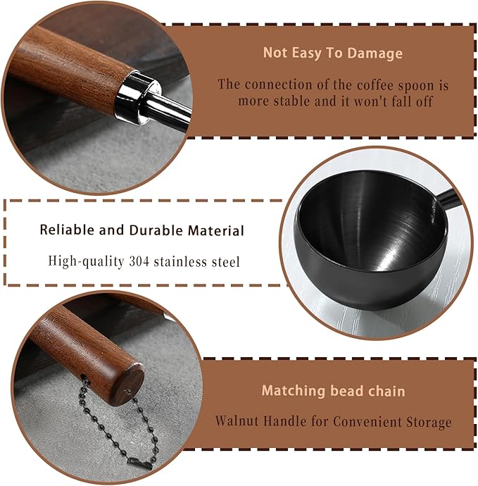 2pcs Vintage Coffee Measuring Spoon， 30ml/10g Capacity Coffee Scoop for Ground Coffee、Coffee Beans and Tea，304 Stainless Steel Coffee Spoons with Long Wooden Handle（Black)