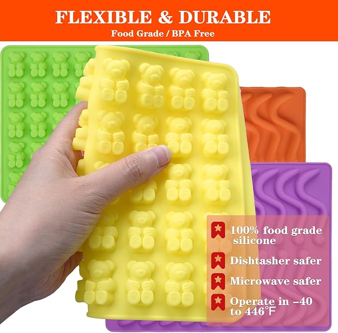 Gummy Bear and Worm Mold Silicone, No Stick Chocolate Candy Gummy Molds,Pack of 4 with 2 Droppers,SAGOOITS Large Gummy Bear Molds Candy Molds