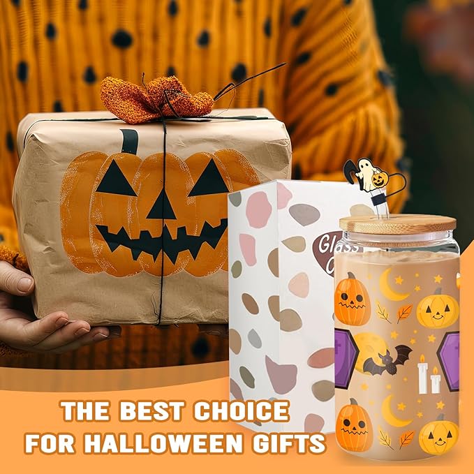 Cute Pumpkin Tumbler - 16oz Pumpkin Glass with Lid and Straw, Perfect for Autumn Themed Iced Coffee, Birthday and Fall Season Gift