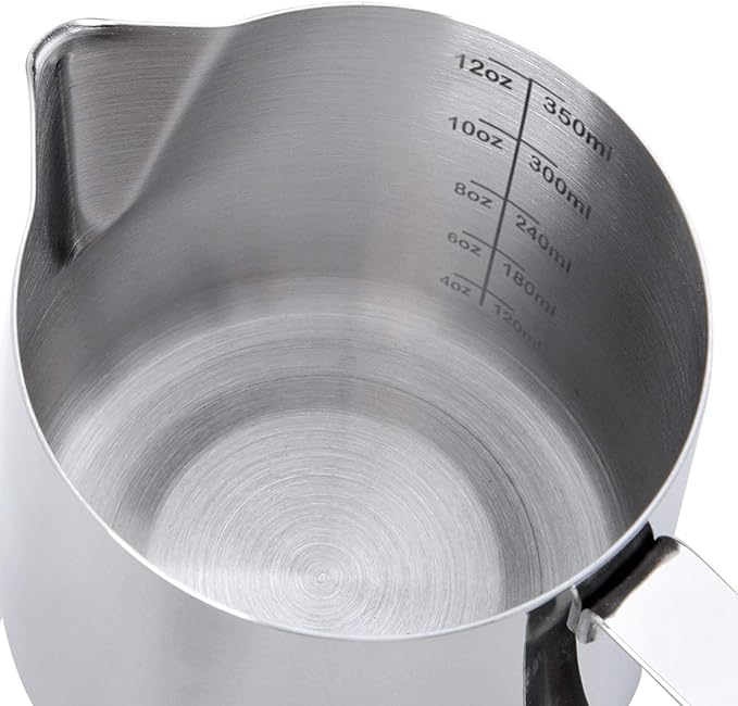 Milk Frothing Pitcher Cup, 12oz/350ML Milk Frother Cup Stainless Steel Steaming Pitcher Milk Jug Coffee Latte Art Cappuccino Espresso Machine Accessories Barista Steam Pitchers Attached Dessert Spoons