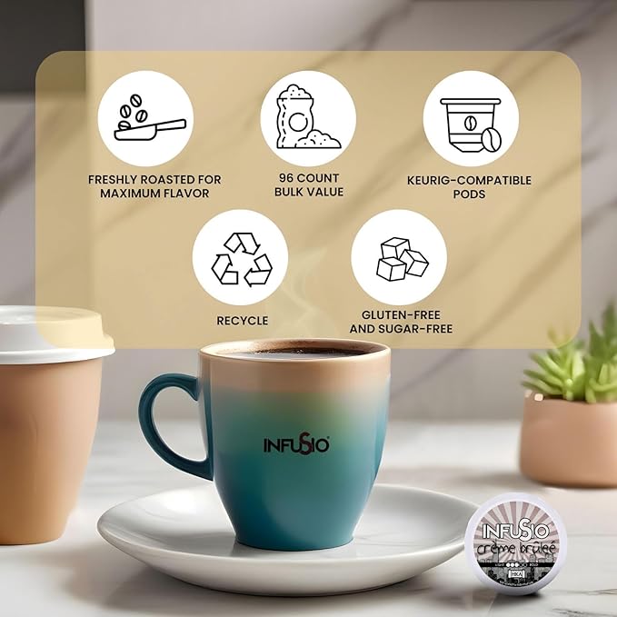InfuSio Coffee Pods 96 Count Crème Brulee Medium Roast Single Serve Coffee Pods for Keurig K Cups Brewers - InfuSio Premium Roasted Keurig 2.0 Compatible