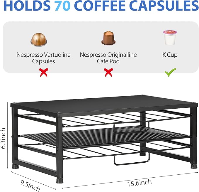K Cup Holder Organizer for 70 Pods, 2-Tier Coffee Pod Holder for K-Cup with 2 Sliding Storage Drawers, Coffee Station Bar Organizer for Kitchen Countertop, Home & Office, Frosted Black