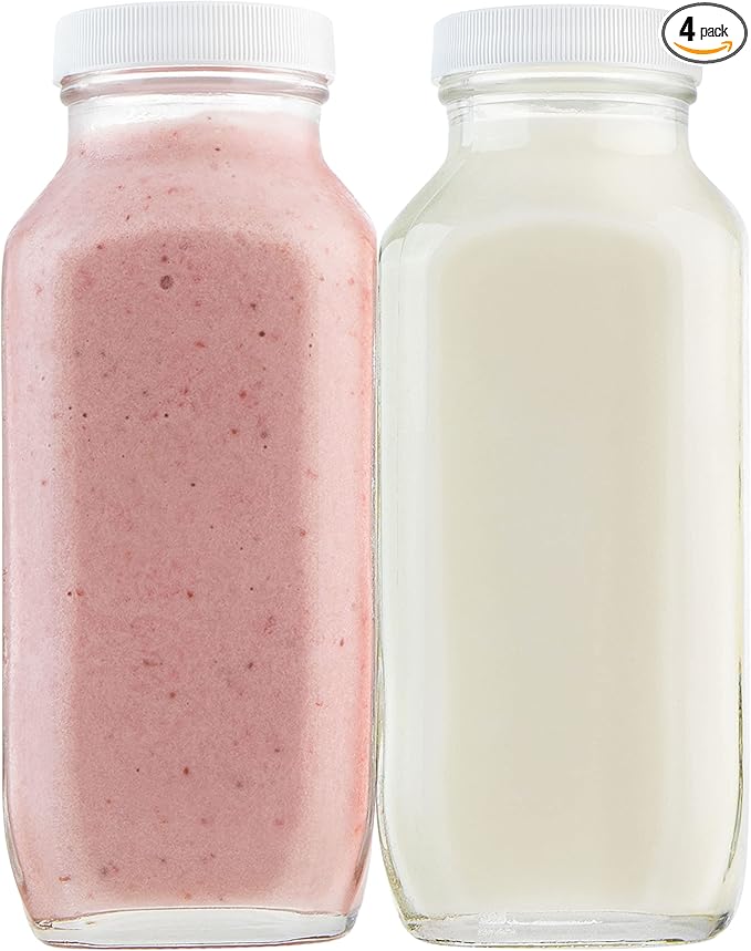 kitchentoolz 16oz Square Glass Milk Bottles with Airtight Plastic Lids – Pack of 4 | Reusable Milk Containers for Fridge & Lunchbox Storage – Ideal for Dairy, Smoothies, Juice, Water & More