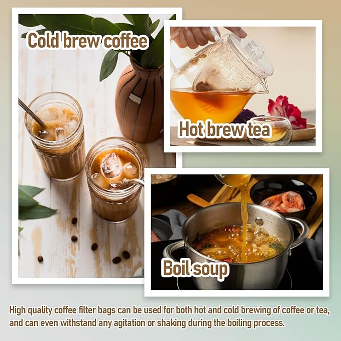 50 Pcs No Mess Cold Brew Bags 6x10 inch Coffee Bags Disposable Filter Bag Brewing Fine Mesh Drawstring Pouches for Coffee Grounds Ice Tea Spice