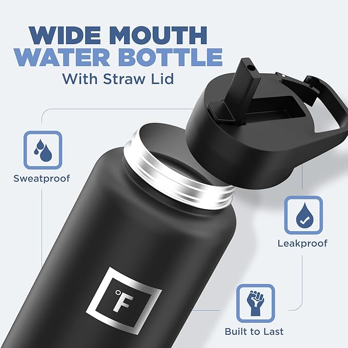 IRON °FLASK Camping & Hiking Hydration Flask with 3 Lids - Stainless Steel, Double Walled & Vacuum Insulated Water Bottle - Leak Proof & BPA Free (Sand, Straw - 40 oz)