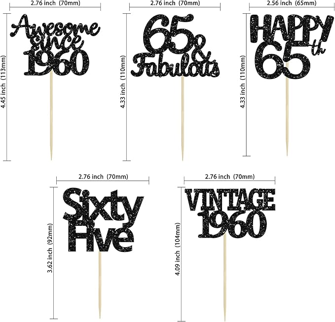 Gyufise 30 Pack Gold Glitter 65th Birthday Cupcake Toppers Vintage 1960 Cake Toppers Hello 65 Cake Topper Sixty Five 65 & Fabulous Cupcake Picks 65th Birthday Cake Decorations Supplies