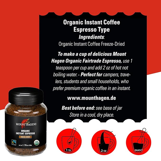 Mount Hagen Instant Espresso Coffee 6 Pack, Eco-friendly Organic Espresso Coffee Made From Medium Roast Arabica Beans, Freeze Dried Instant Coffee, Fair-Trade, Kosher [6x1.76oz/50g Jar]