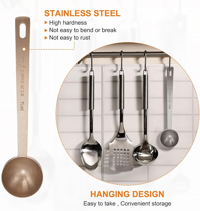 HARFINGTON 3pcs Coffee Scoop Spoon 1tbsp (3tsp, 15ml) 304 Stainless Steel Long Handle Teaspoon/Tablespoon Measuring Spoons Scoops for Tea Sugar Kitchen, Rose Gold