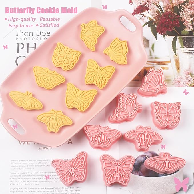 Butterfly Cookie Cutters 8 Pcs Plastic Biscuit Cutter Set 3D Pressable Cake Baking Fondant Embosser Stamps for Party Decoration Pastry Tools (F8)