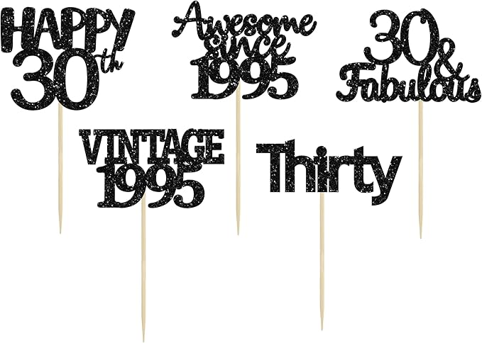 Gyufise 30Pcs Black Glitter Vintage 1995 Cupcake Toppers Awesome Since 1995 Cake Decorations Cheers to 30 Fabulous Thirty Cupcake Picks 30th Birthday Wedding Anniversary Party Cake Decorations