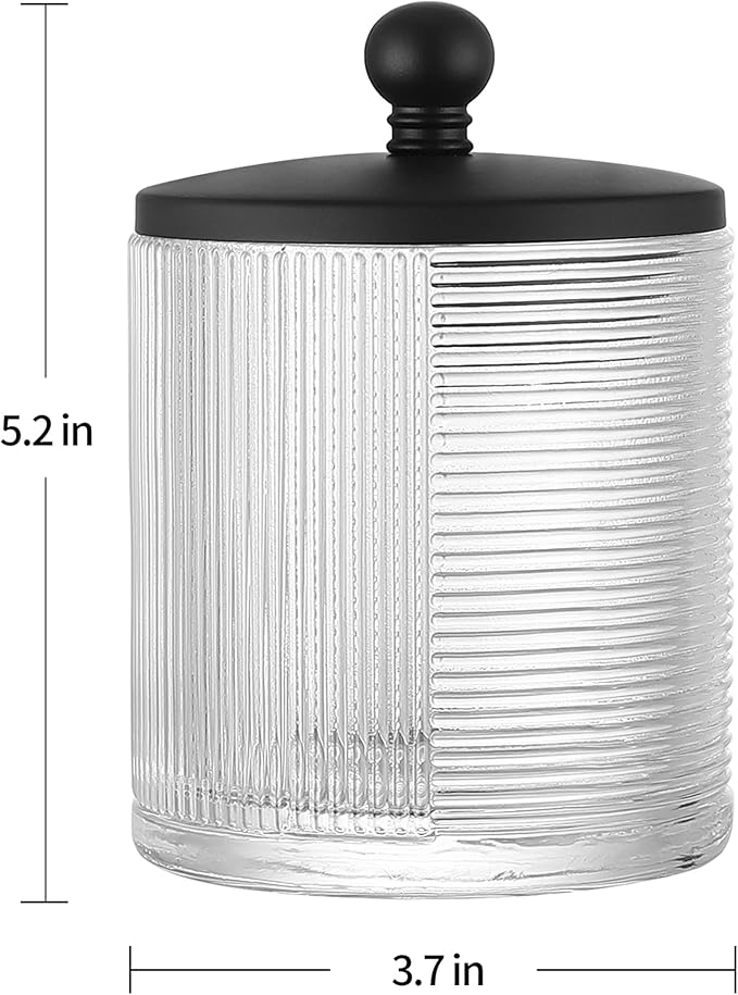 Glass Cotton Jar Holder Matte Black Lid, Elegant Bathroom Storage Canister for Qtips, Cotton Balls, Floss, Makeup Organizer, Vanity Bathroom Organization