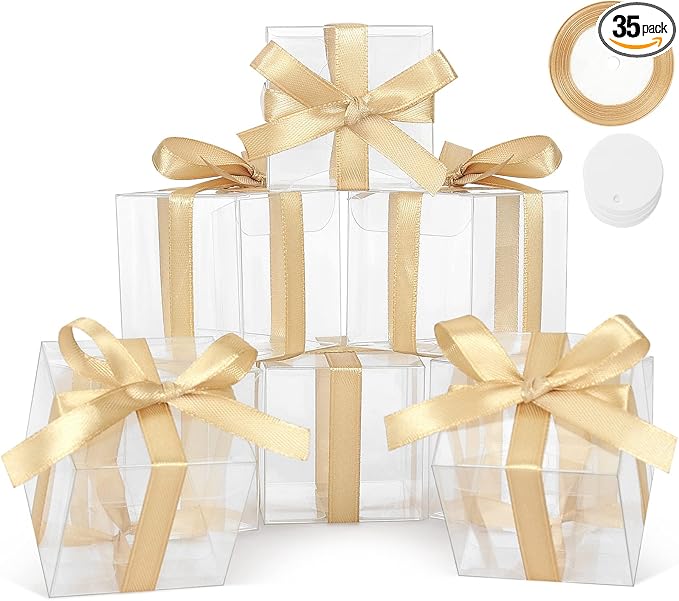 COTOPHER 5x5x5 Inches Gift Boxes 35 Pcs PET Material Cupcake Boxes Plastic Gift Boxes with Lids, Party Favor Boxes for Wedding Favors Baby Shower