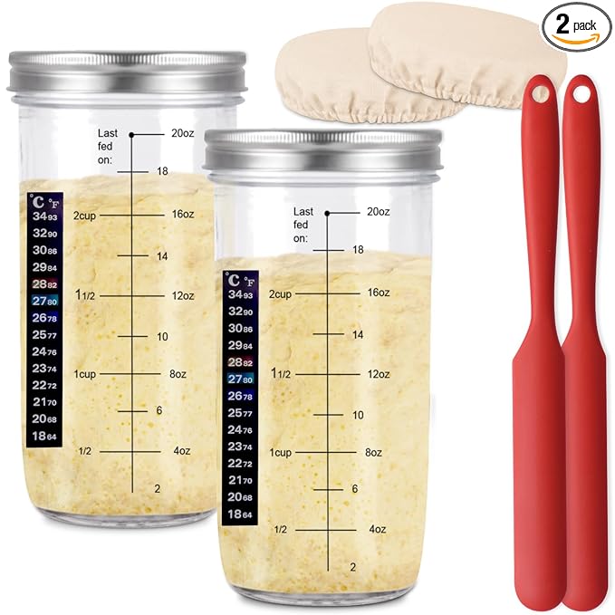 24 OZ/2 Pack Pro Pack Pro Sourdough Starter Kit – Extra Thermometer Strips and Breathable Covers Included in Sourdough Starter Jar – A Perfect Sourdough Bread Starter Kit for Beginners to Expert