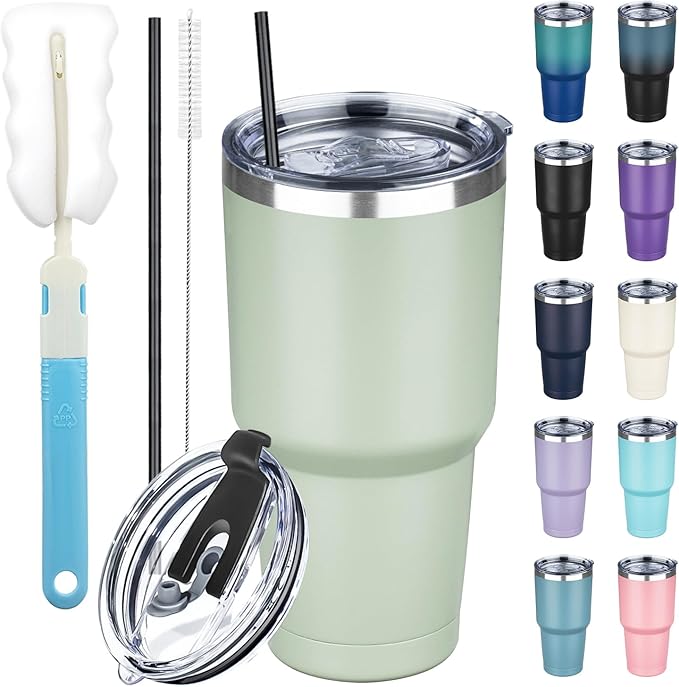 30 oz Tumbler with Lids and Straws, Stainless Steel Insulated Coffee Tumbler, Double Wall Vacuum Insulated Travel Mug Cup, Leakproof Thermal Coffee Cup for Hot and Cold Drinks (Green Tea)
