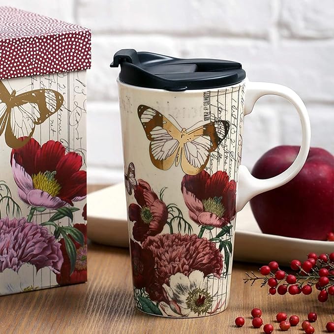 Topadorn 17 OZ Ceramic Coffee Mug Travel Cup with Lid and Gift Box, Red Flower and Butterfly