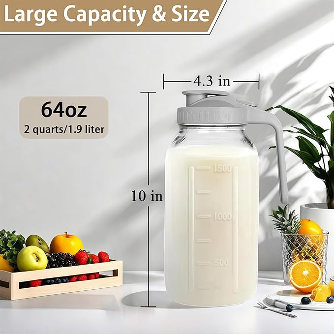 64oz Glass Pitcher with Handle and Lid, 2 Quart Mason Jar Pitcher - Airtight & Leakproof Water Jug with Pour Spout Lid, Glass Containers for Fridge, Perfect for Juice, Cold Brew, Iced & Sun Tea