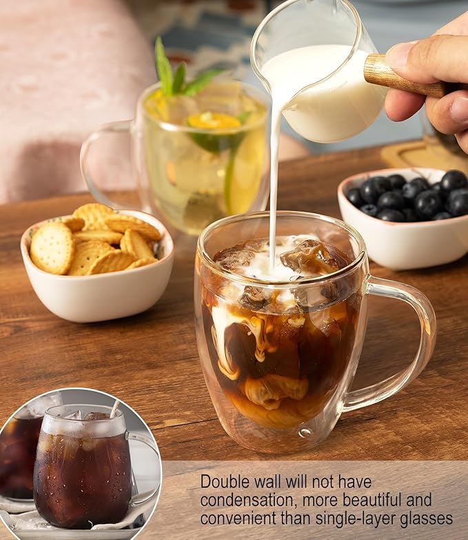 OJA Double Wall Glass Coffee Mugs Set of 4, Hand Blown 12.5OZ Clear Glass Coffee Cups, Insulated Tea Mug, Perfect for Espresso, Cappuccino, Latte, American,Tea Bag, Beverage