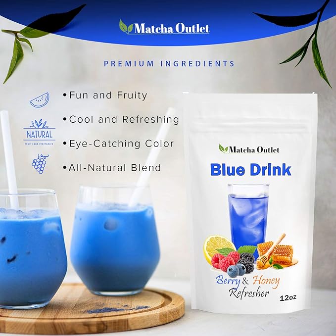 Blue Drink Spirulina Powder, Berry & Honey Refresher 12oz Blue Drink Mix Natural Food Colorant Perfect for Ice Mix Yogurts Baked Treats Loaded Tea Bubble Tea