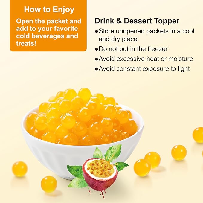 J WAY Bursting Popping Passion Fruit Boba Pearls, Passion Fruit Syrup, Non-Dairy, Fat-Free Popping Tapioca Boba for Beverages, Sweets, Ice Cream, 1.8oz (Pack of 6)